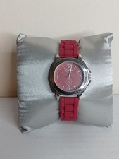 Ladies Silver Tone Cotton Traders Watch With Plum Red Silicone Strap