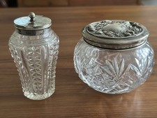 Vintage Cut Glass Vanity Jar & EPNS Shaker Silver Plate Tops Dressing Table Set