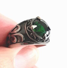 Men's Ladies Viking Norse Ring - Stainles Steel Emerald Green Stone Jewellery