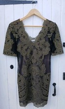 KAREN MILLEN WOMENS BLACK & ANTIQUE GOLD MESH BROCADE MINI DRESS - LINED - UK 10
