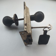 Vintage Iron Door Rim Lock with bakerlite handles key escutheon Bakelite Handles