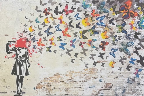 Banksy headshot butterfly girl - banksy,