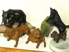 4x Antique/Vintage Cold Painted Bronze Dogs + Elephant on Petrified Wood Base