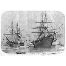 SHIPS Reshipment of Atlantic Telegraph Cable in Keyham Basin Antique Print 1858