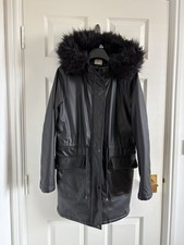 TU Sainsbury Black Parka Jacket Coat Faux Fur Hood Pockets & Drawstring Waist