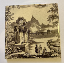 19THC PRINTED TILE - ROMAN COLUMNS IN LAKELAND/MOUNTAIN SETTING - WORDSWORTH