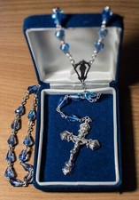 Beautiful Set of Faceted AB Blue Crystal and Silver Tone Rosary Beads