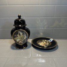 Art Of Chokin Lidded Jar. Black Gold. 6.5in Tall with plate 