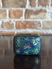 Antique Chinese Cloisonné Enamel Footed Lotus Flower Trinket Jewelry Box Hinged