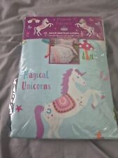 Kids Magical Unicorns curtains 66x54 in blue with pink tiebacks