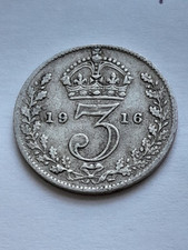 1916 King George V Sterling Silver Threepence Three Pence 3p 3d Light Circulatio