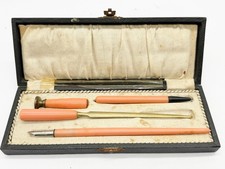 VINTAGE CORAL HANDLE DESK SET IN CASE FOUNTAIN PEN DIP PEN SEAL LETTER OPENER