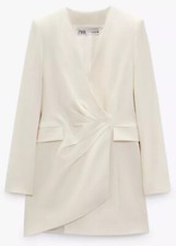 ZARA DRAPED BLAZER DRESS ECRU V-NECK ASYMMETRIC NEW Sz S 3177/707