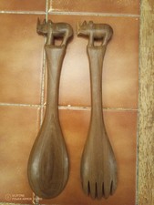 African Rhino Hand Carved Wooden Salad Spoon And Fork Set