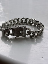 Beautiful Chunky Silver Metal Curb Bracelet With Clear Stones 19mm Long 12 Wide