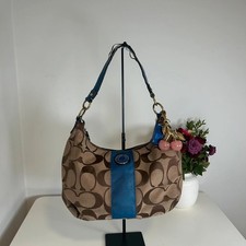 Coach Half Moon Hobo Beige Monogram Shoulder Bag With Blue Accent