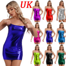 UK Womens Sexy Metallic Shiny Mini Dress Strapless Bodycon Wetlook Clubwears