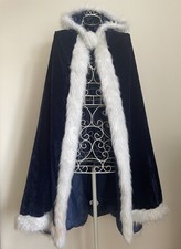 Girls Fancy Dress Costume Navy Blue Velvet Cloak Hooded Cape White Fur Ice queen