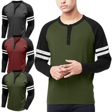Mens Henley Plain Long Sleeve Jersey Grandad Neck T-shirt Top Causal M - 3XL