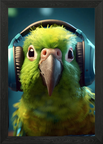 Parrot with headphones framed - parrot,