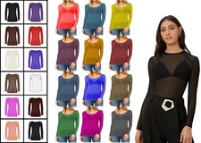 Womens Sheer Mesh Top Ladies Long Sleeve See Through Round Neck Stretchy T-shirt