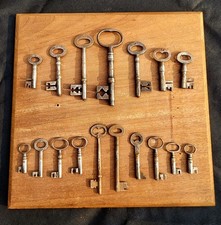 A Collection of 17 Large Old Keys ~ Mounted on an Oak Board ~ L. M. S. R. 