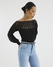 River Island Womens Jumper Black Hybrid Lace Knitted Long Sleeve Cuffed Top