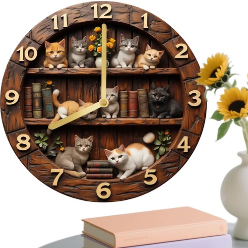 Wooden cat wall clock silent - wall,