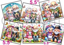 6 XL Card Toppers 5.5" Cute Old Couple Easter Man/Woman Garden CRAFTS/Tags FLAT