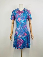 Vintage 60s 70s Blue Pink Purple Geometric Print Pleated Mini Dress 14