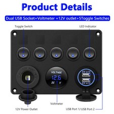 5 Gang Campervan RV 12V LED Light Switch Control Panel Voltmeter USB Charger