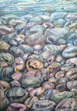 Original Artwork Modern Painting Landscape SUN SEA STONES Art Seascape Signed A3