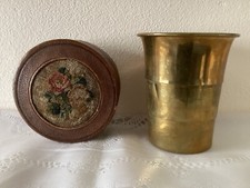 Vintage,Unusual, Collapsable Brass Travel Cup in Leather Case, Floral Design Top