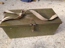 Vintage strong metal army green tool box with lockable latch well made.