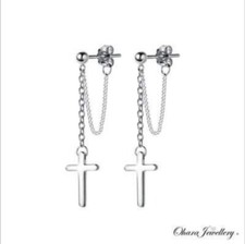 925 Solid Sterling Silver Cross Crucifix Tassel Drop Womans Dangle Earrings