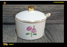 Vintage Sugar Bowl with Spoon – Pink Roses & Gold Trim – Ceramic –