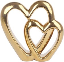 Double Love Heart Decorative Ornament Tabletop Metal Elegant Gold Effect 15x14cm