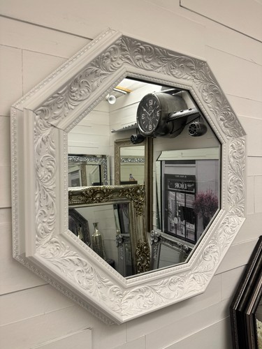 White antique octagon mirror - white,