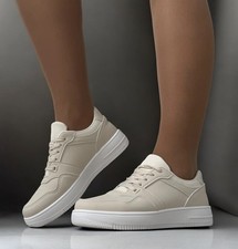 Women’s Cream Sneakers Flat Lace Up Casual Trainers Comfortable Everyday Shoes