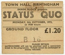 Status Quo Town Hall, Birmingham 8/10/73 Ticket
