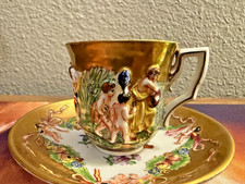 Antique CAPODIMONTE Naples Italy Hand Painted Cherub Teacup & Saucer Numbered