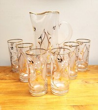 Vintage 60s 70s Glass Lemonade Set Jug & 6 Glasses Frosted Gold Painted Floral