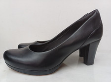 CLARKS Artisan Size 5.5 E Wide Court Shoes Black Leather Heels Smart Funeral VGC