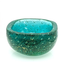 Signed VENINI Murano Glass Green Bubble & Gold Leaf Small Bowl By Carlo Scrapa