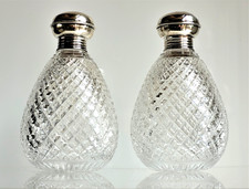 Antique 1920 Pair Of Large Solid Silver Hobnail Cut Glass Perfume Bottles R576