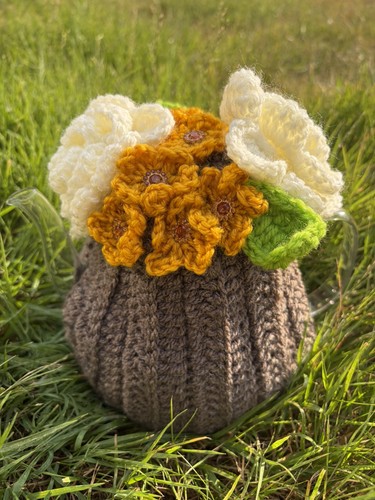 Crochet knitted tea cosy