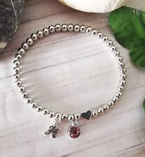Personalised Letter Birthstone Heart Bracelet Silver Ball Bead Stretch Stacking 