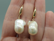 9ct Yellow Gold Large Baroque Pearl Earrings 9K Fireball Drop Dangle Leverback