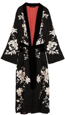 Zara Black Embroidered Floral Kimono Coat robe Contrast Velvet Belt S-XS UK 8-10