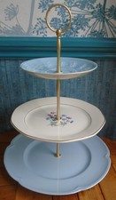3 tier XL china cake stand Mismatched pale blue, floral & embossed plates